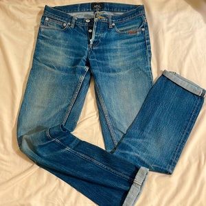 Worn-In A.P.C. Petite Standard Jeans in size 28 with paint detail front pocket.
